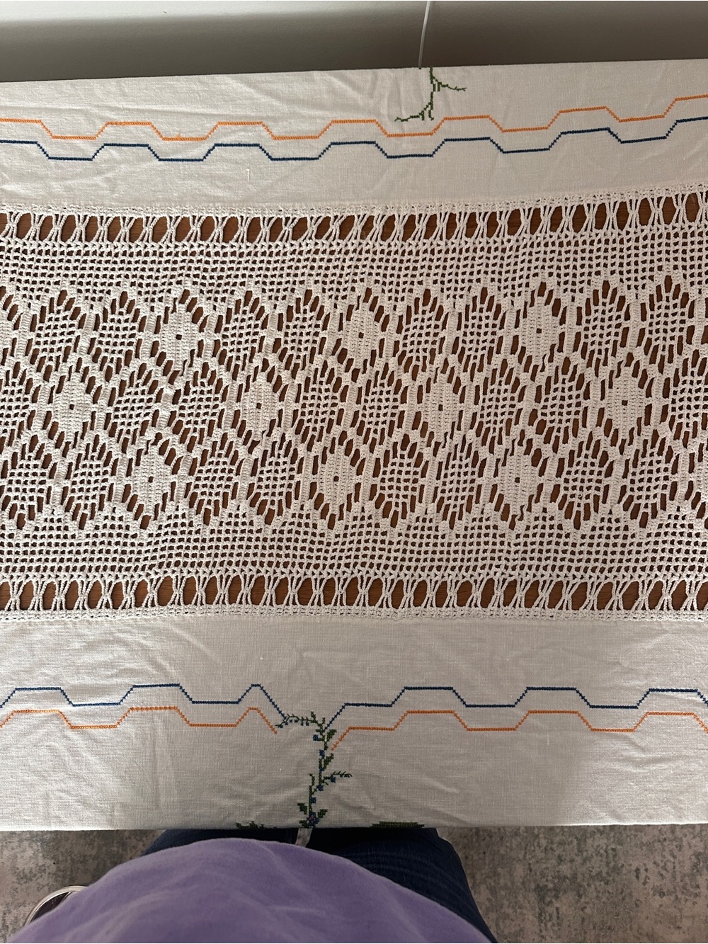 Handmade White Crochet Table Cloth with Embroidered Accents - Picture 4 of 7